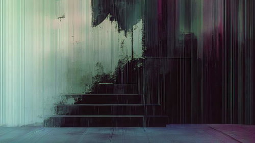 縦縞ノイズと電子グリッチエフェクトが入った階段のデジタルアート