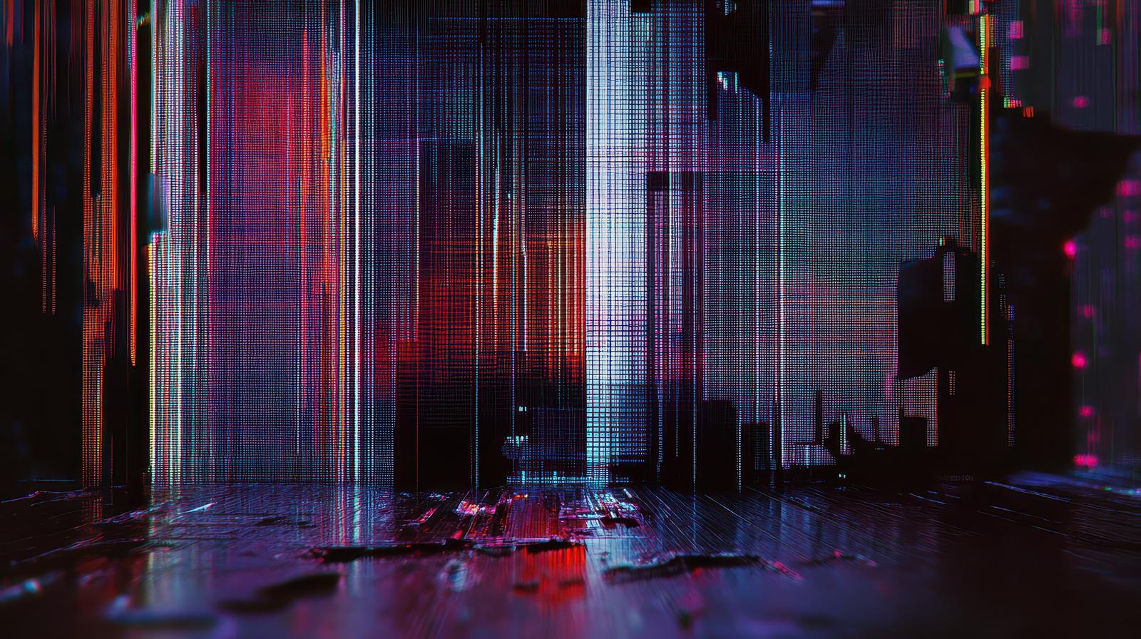 赤と青の縦線ノイズが画面全体に発生したデジタルグリッチ