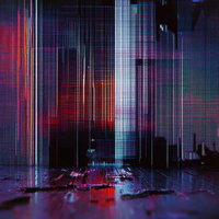 赤と青の縦線ノイズが発生したデジタル画面のグリッチエフェクトのAI画像