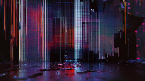 赤と青の縦線ノイズが発生したデジタル画面のグリッチエフェクト