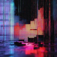 ピンクと青のネオンライトが反射するデジタルグリッチ空間の写真