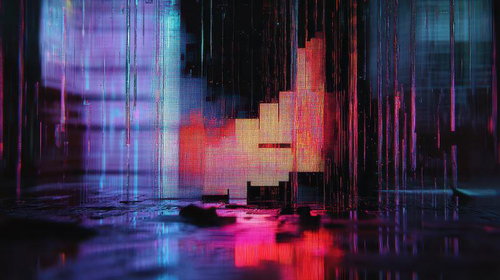 ピンクと青のネオンライトが反射するデジタルグリッチ空間