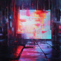 雨とグリッチノイズが走る夜の路地の写真