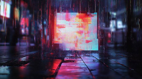 雨とグリッチノイズが走る夜の路地