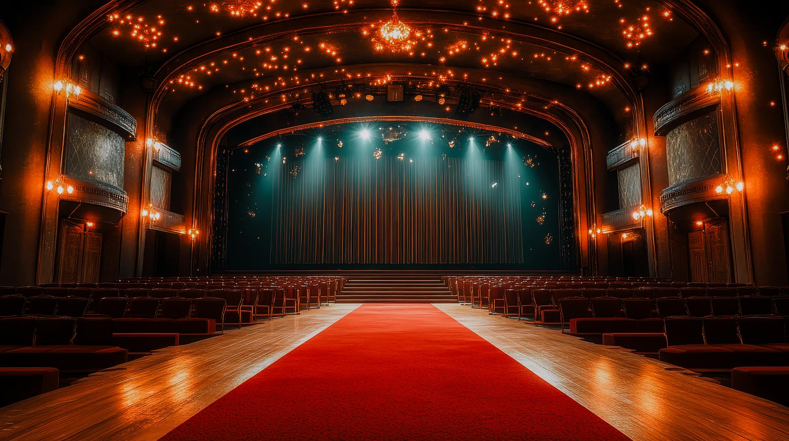 シャンデリアとスポットライトで照らされた劇場のステージと赤い絨毯