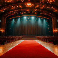 輝くシャンデリアと赤い絨毯が迎える劇場ステージの舞台空間の写真