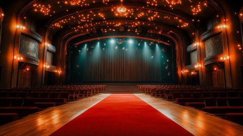 ライトアップされた式典会場風のレッドカーペット