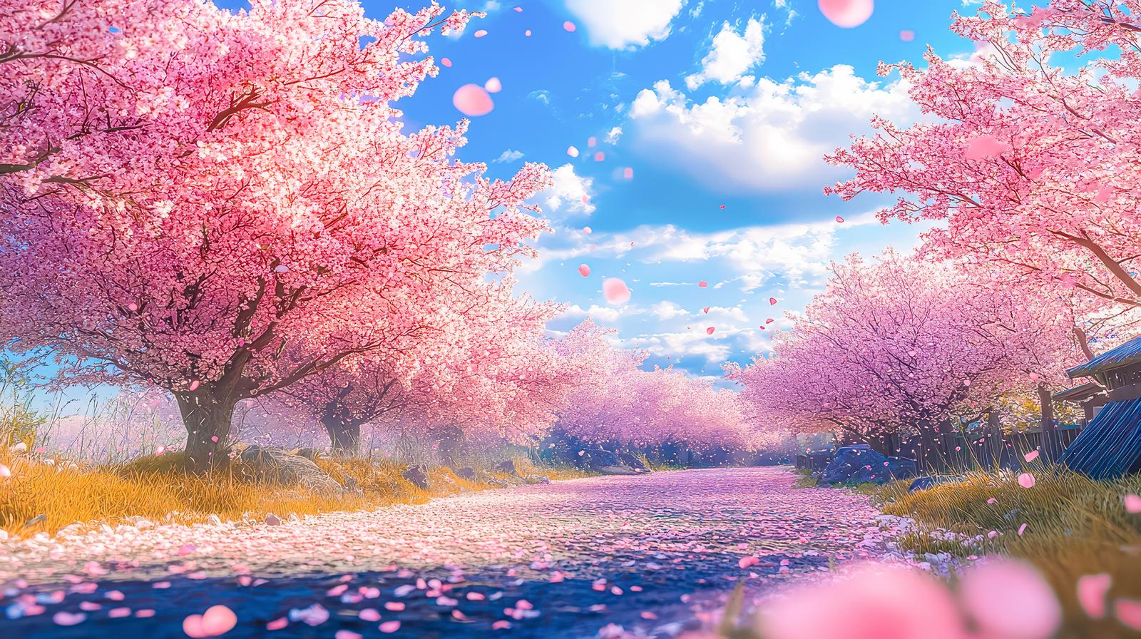 桜並木と桜吹雪が続く春の田舎道