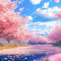 桜の絨毯が続く春の田舎道の写真
