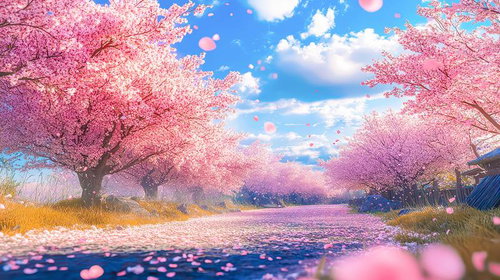 桜の絨毯が続く春の田舎道