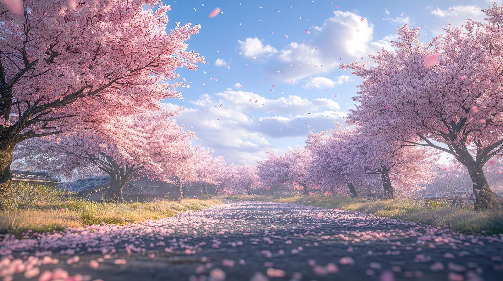 満開の桜が両側から立ち並ぶ並木道で、花びらが舞い散っている光景