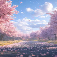 桜吹雪舞い散る満開の並木道、青空の下の春の風景の写真