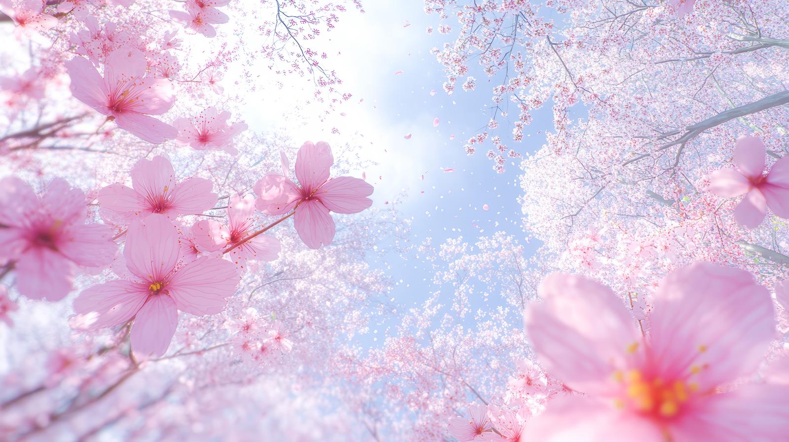 青空を背景に真下から見上げた満開の桜