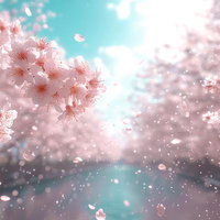 春風に舞う桜の花びらが映す川沿いの風景の写真