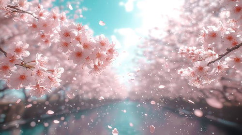 春風に舞う桜の花びらが映す川沿いの風景