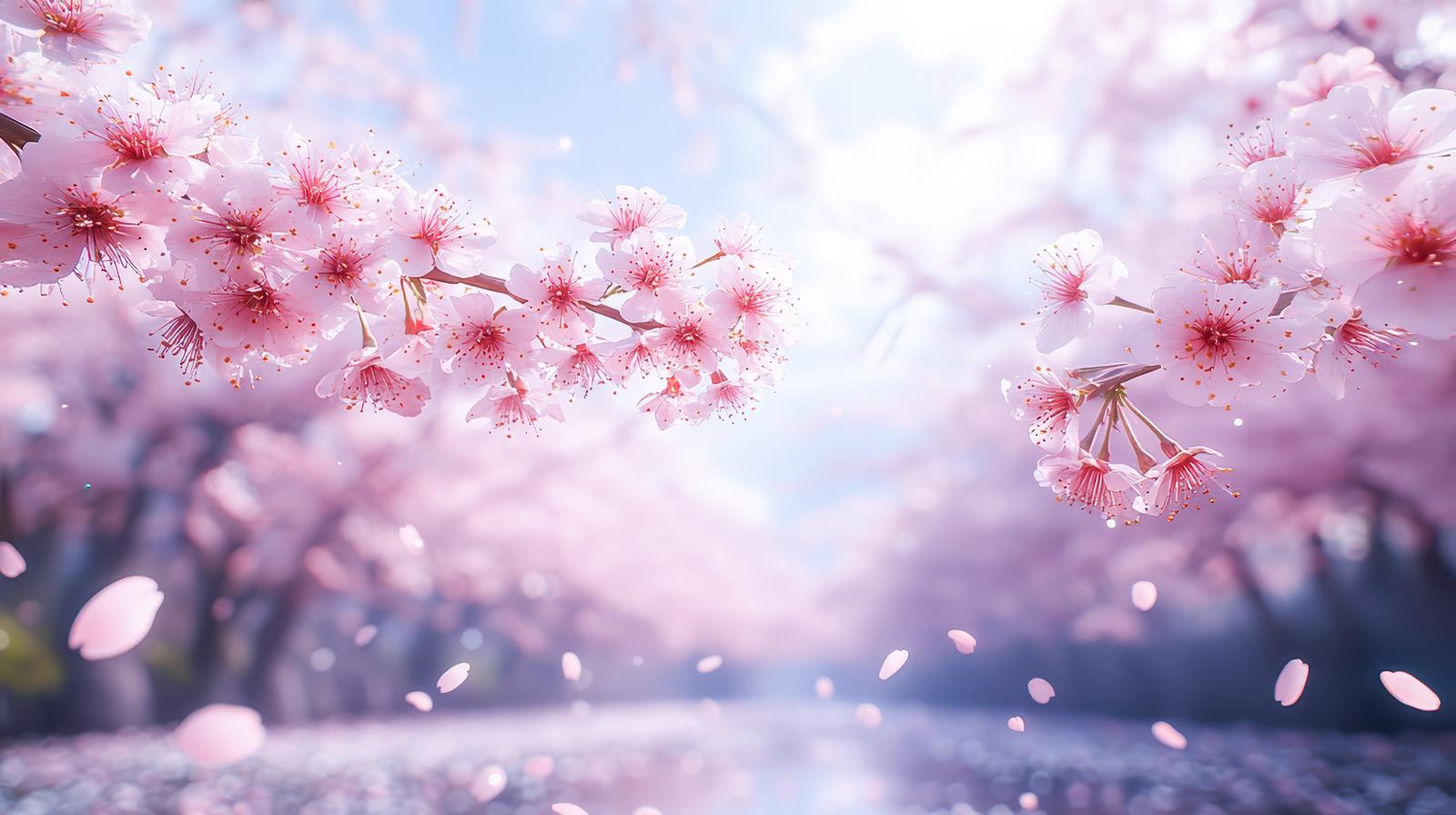 満開の桜の枝と舞い散る花びら、奥に続く桜並木のAI画像