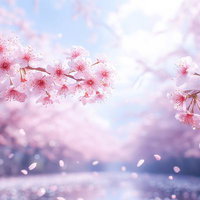 陽光を浴びて舞い上がる桜の春模様の写真