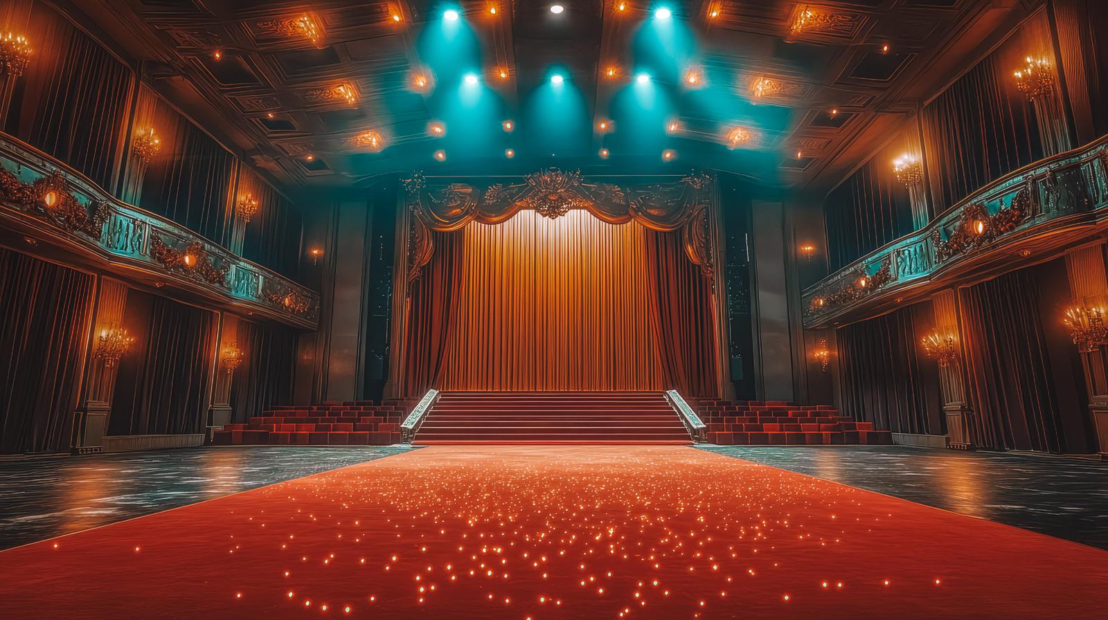 金色の照明装飾とレッドカーペットが敷かれた劇場のステージ