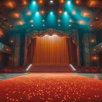 金色照明とレッドカーペットが敷かれたクラシック劇場のステージの写真