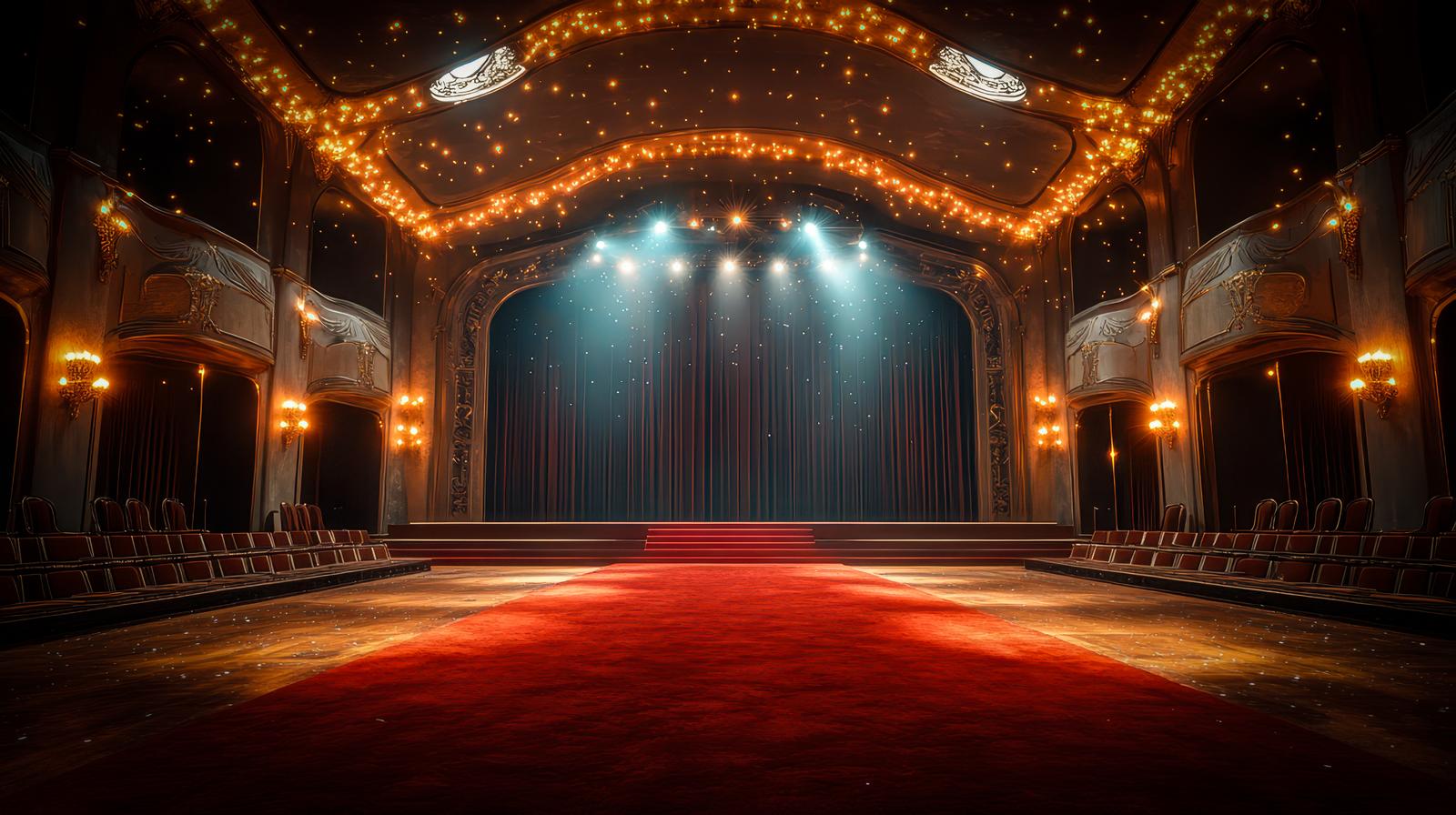 シャンデリアと赤いカーペットが広がる劇場風の舞台空間
