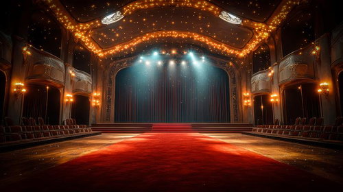 シャンデリアが輝く劇場風の舞台とレッドカーペットが広がる壮麗な空間