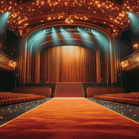 シャンデリアが光る劇場の舞台と赤いカーペットが広がる空間の写真