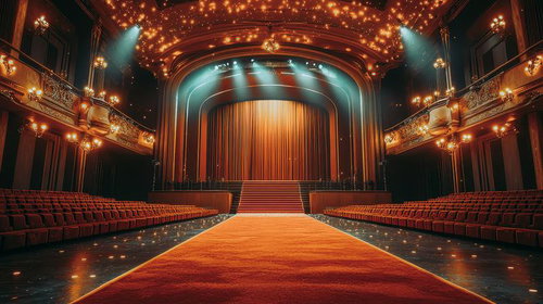 ゴージャスな表彰式のステージ、赤絨毯とライトアップの豪華な舞台装飾