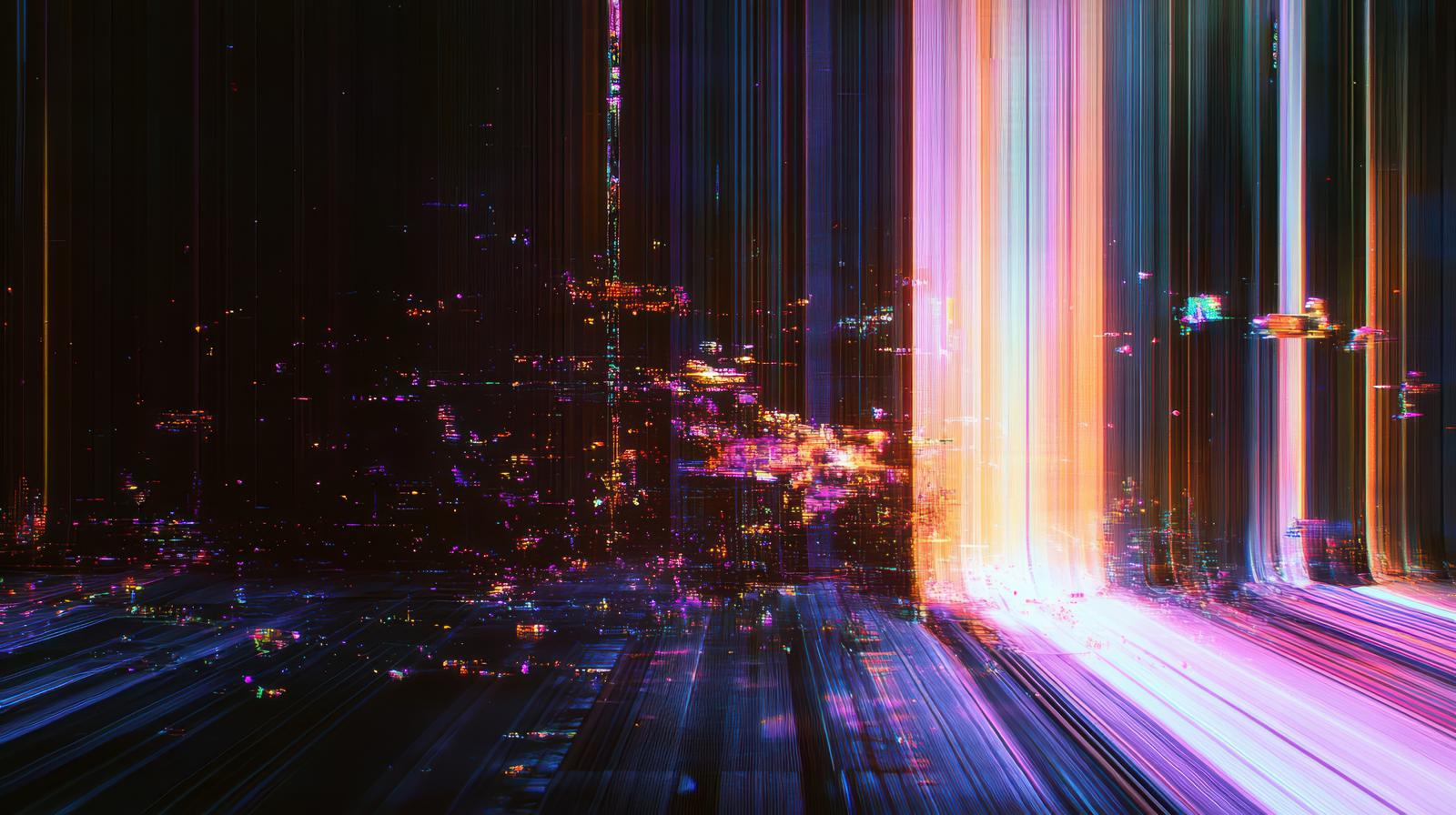 Overlapping vertical lines in purple and orange with a digital glitch effect
