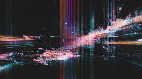 デジタルノイズが走る光の軌跡とグリッチテクスチャー