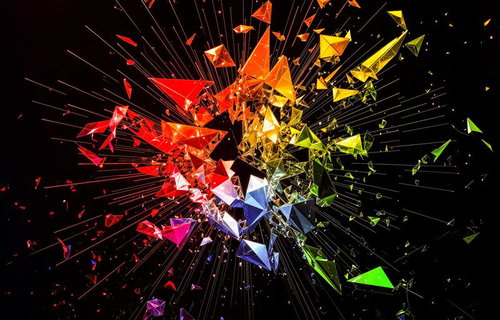 虹色の多角形が爆発的に飛び散る3Dデジタルアート