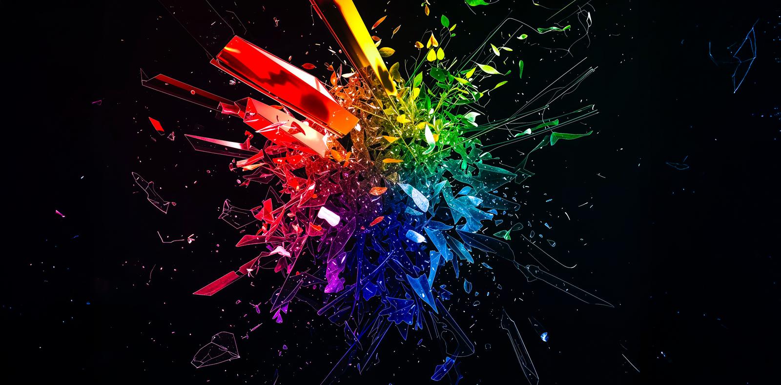 3D image of rainbow-colored polygons exploding from the center