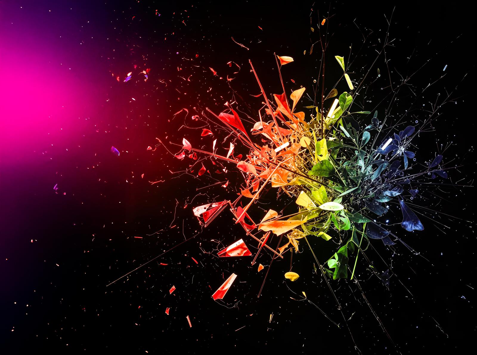 3D effect with rainbow-colored fragments exploding outward from the center