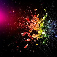 虹色の破片が爆発的に飛び散る3Dエフェクトの写真