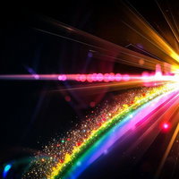 黒背景に放射する虹色の光芒の写真