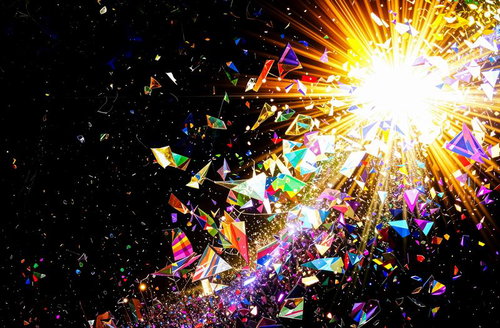 黒背景に飛び散るカラフルな破片と光芒