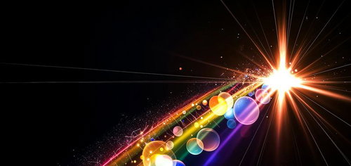 黒背景に広がる光芒と虹色のバブル