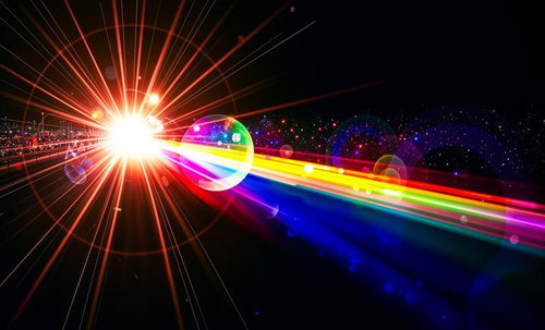 虹色の光芒と球体が広がる宇宙空間