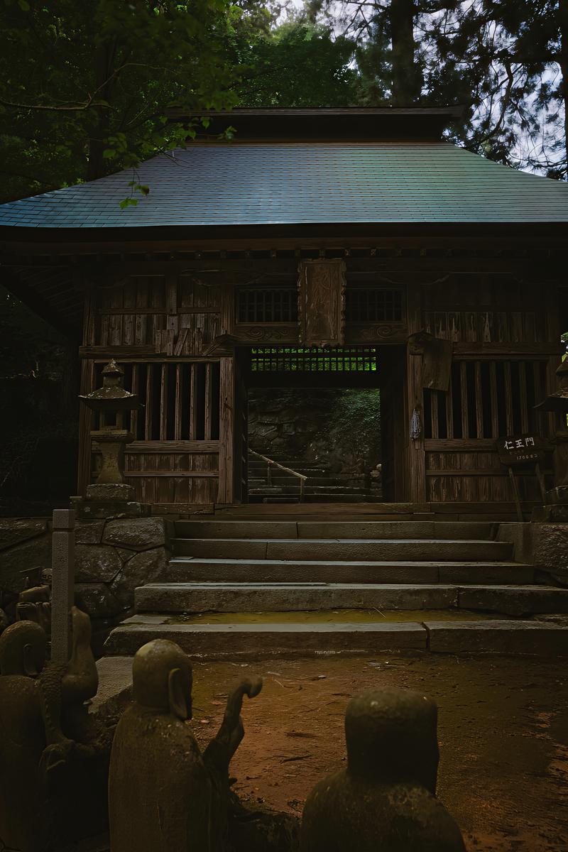 樹々に囲まれた東堂山満福寺の木造仁王門。青い瓦屋根と木製の扉が特徴。