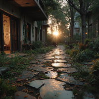 夕日の逆光で照らされた石畳の路地と古い建物の写真