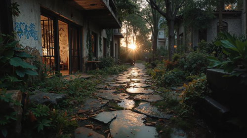 夕日の逆光で照らされた石畳の路地と古い建物