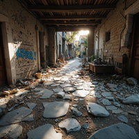 瓦礫が散乱した石畳の廃墟通路と木製扉の写真