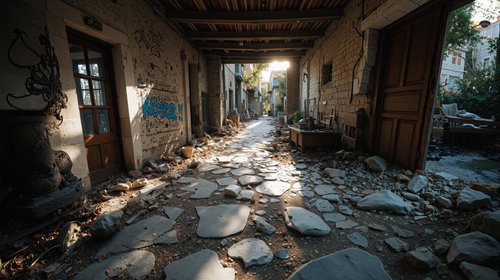 瓦礫が散乱した石畳の廃墟通路と木製扉