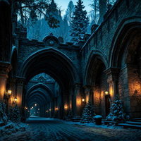 雪積もる石造アーチ回廊と暖色ランプの夜景の写真