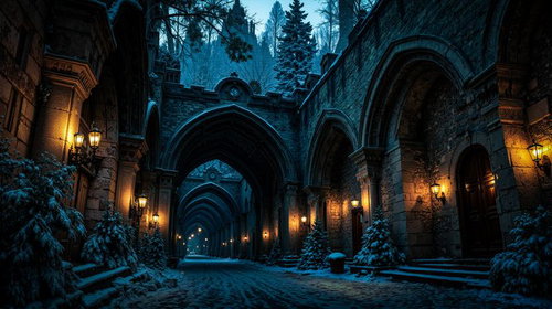 雪積もる石造アーチ回廊と暖色ランプの夜景