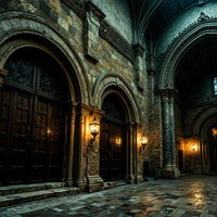 石造アーチと温かなランプ照明の中世風室内回廊の写真