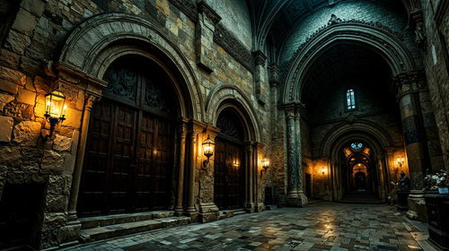 石造アーチと温かなランプ照明の中世風室内回廊