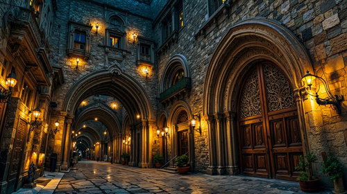 アーチ型天井とランプ照明が並ぶ中世風石造回廊の夜景