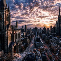 ゴシック建築の大聖堂と現代高層ビル群が共存する都市の夕焼け空の写真