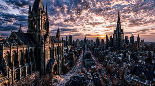 ゴシック建築の大聖堂と現代高層ビル群が共存する都市の夕焼け空