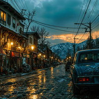 冬の山麓に位置するレトロな街角の夕暮れの写真